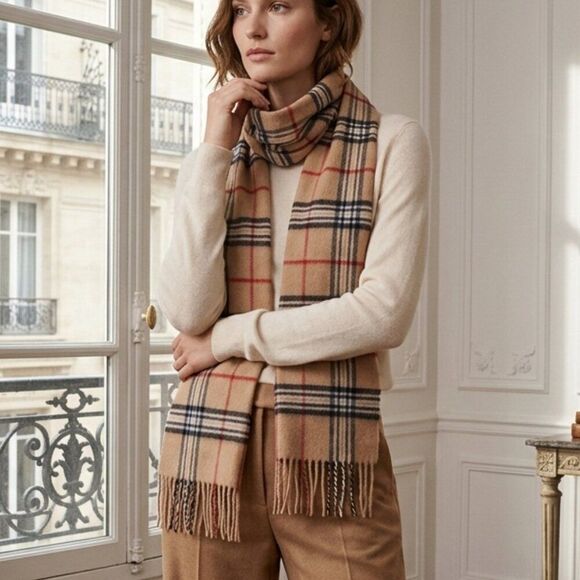 Unmarked Accessories - Tan Plaid Fringed Scarf Wrap Classic Tartan Check Neutral One Size